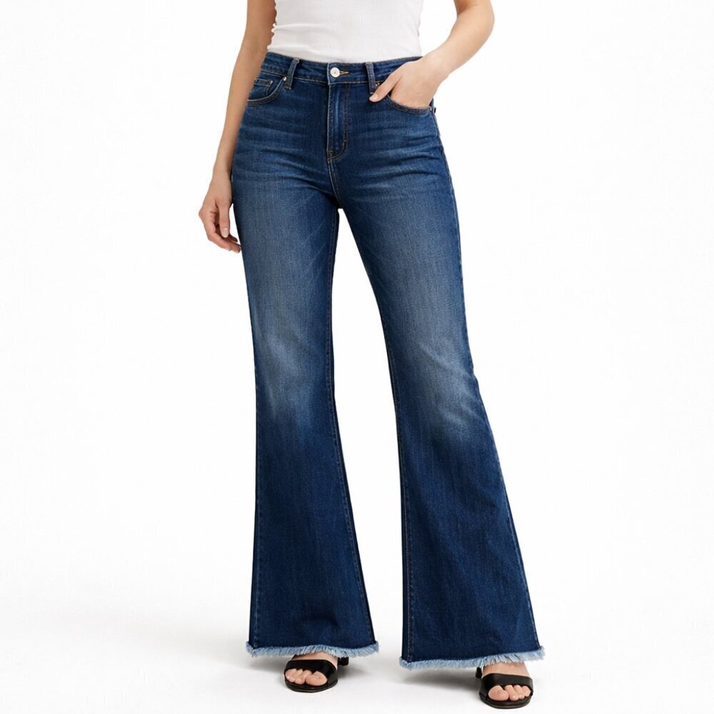 Wax Jean Sustainable High-Rise Flare Jeans Dark Wash Raw Hem Size 11/30